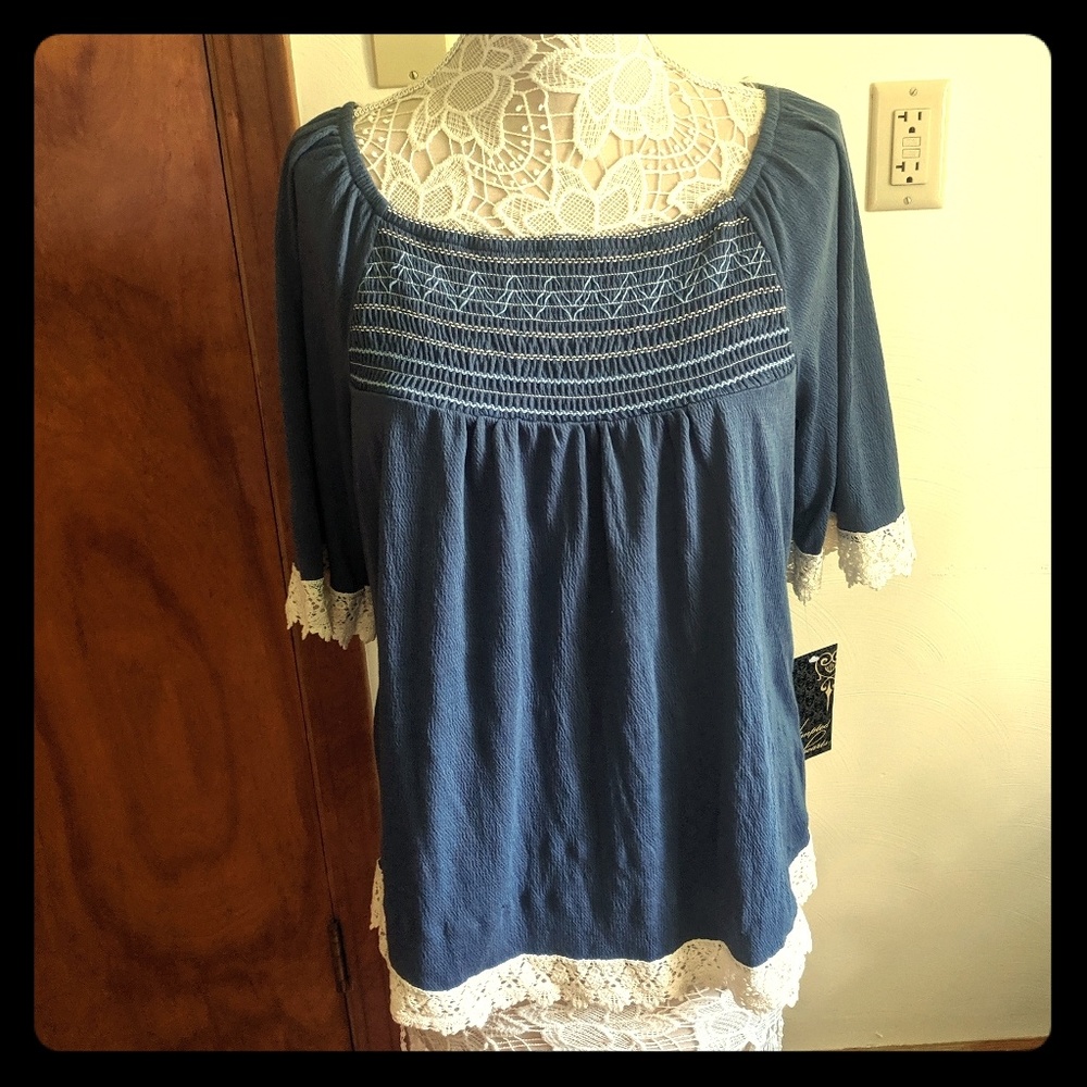 Tempted Hearts Blue T-shirt w/ White Crochet Edge